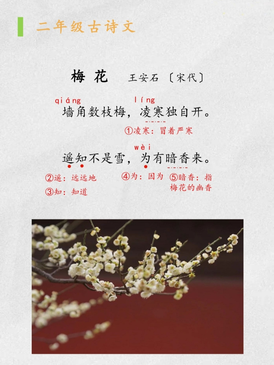 小学古诗:《梅花》 《梅 花》       王安石 〔宋代〕 墙角数枝梅,凌