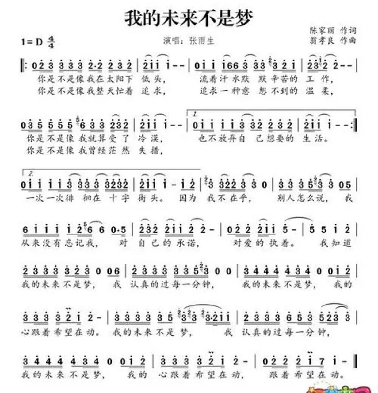 张雨生《我的未来不是梦》简谱   同为高音男神