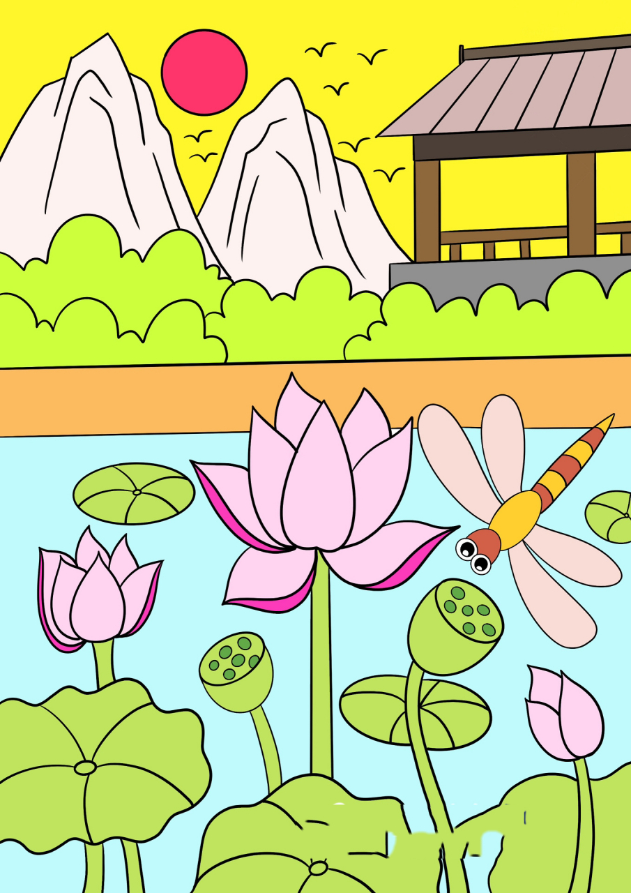 荷花池塘儿童画 场景主题画凉亭 山 风景画 风景主题画 荷花荷叶儿童