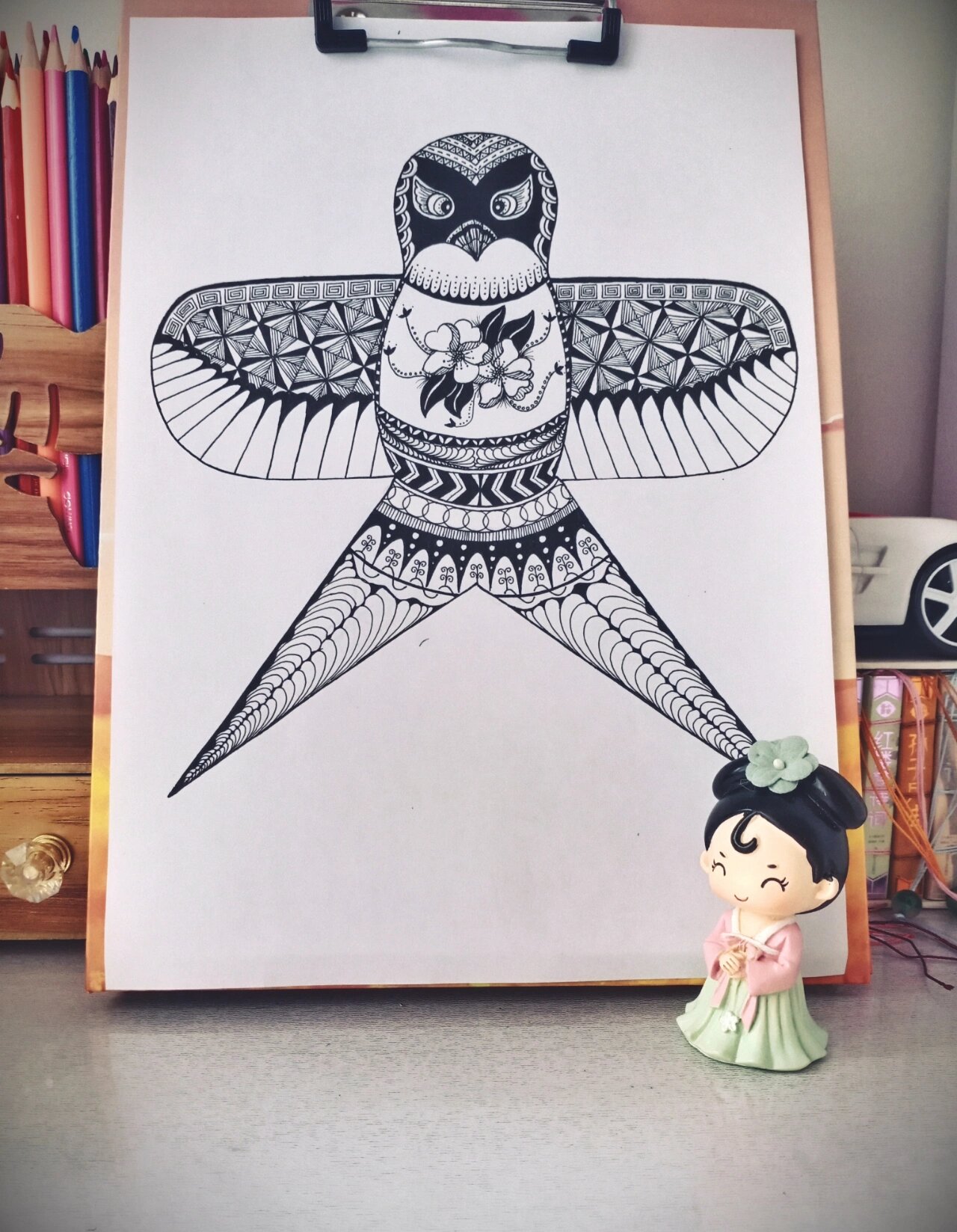 原创黑白线描画《风筝》附绘画过程