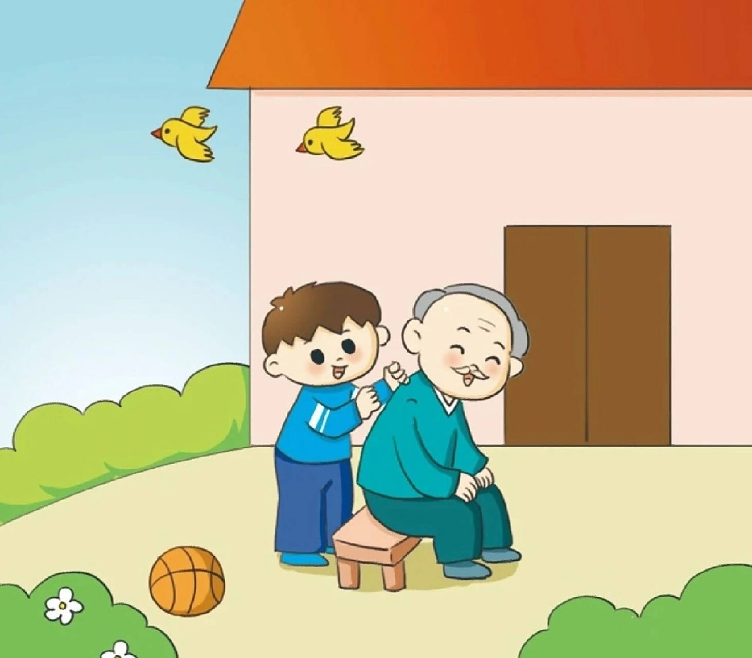 《给爷爷捶背》看图写话 范文: 一个夏天的傍晚,我从外面打球回来