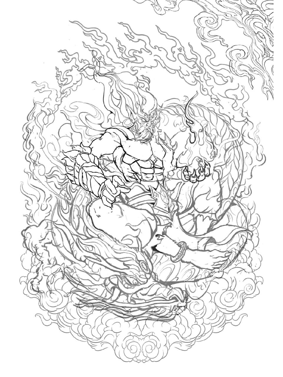 "上古五行神"系列之火神祝融绘制过程 火神乃祝融,传说中的先天神明