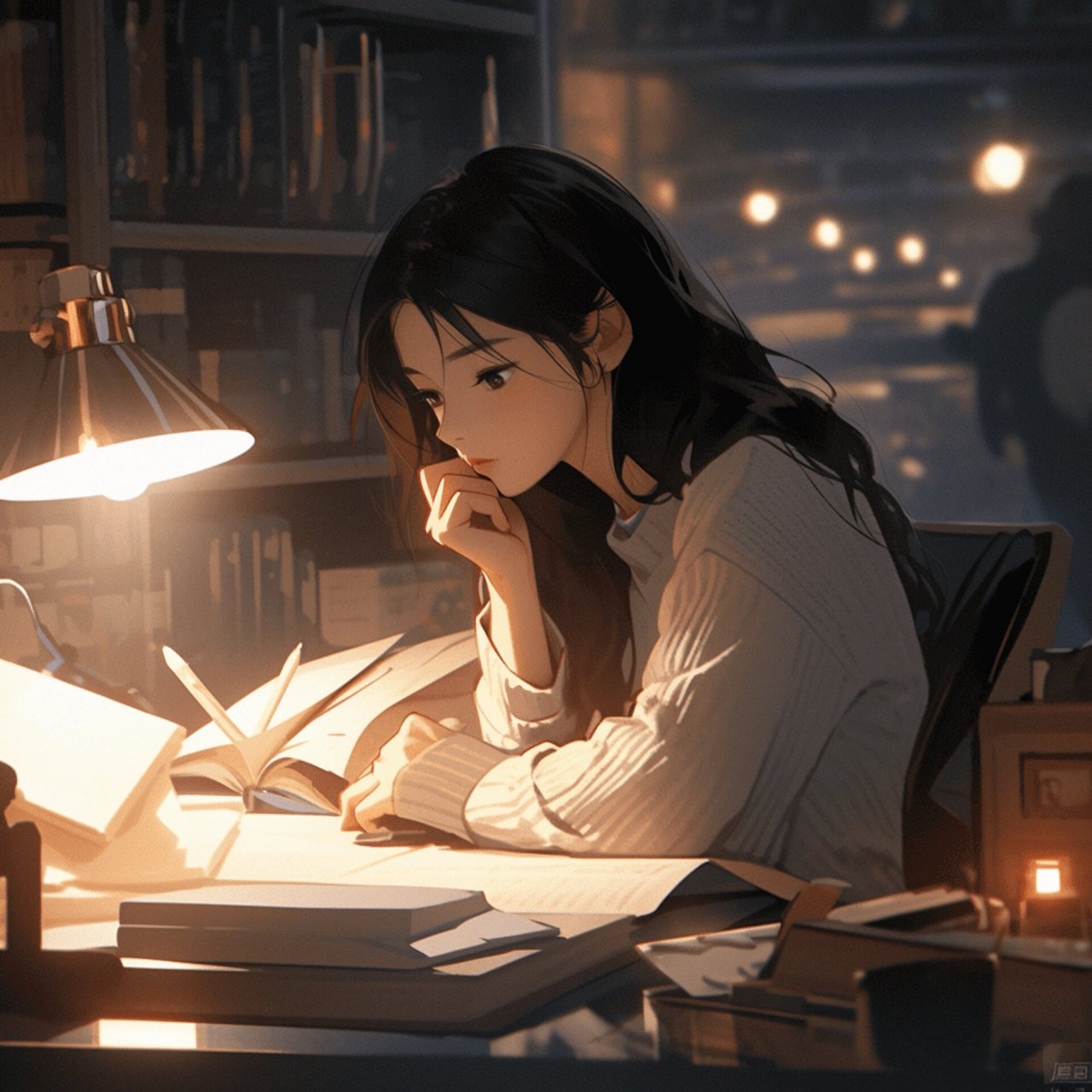 看书的少女 动漫少女坐在桌前,她想的是不是你呢