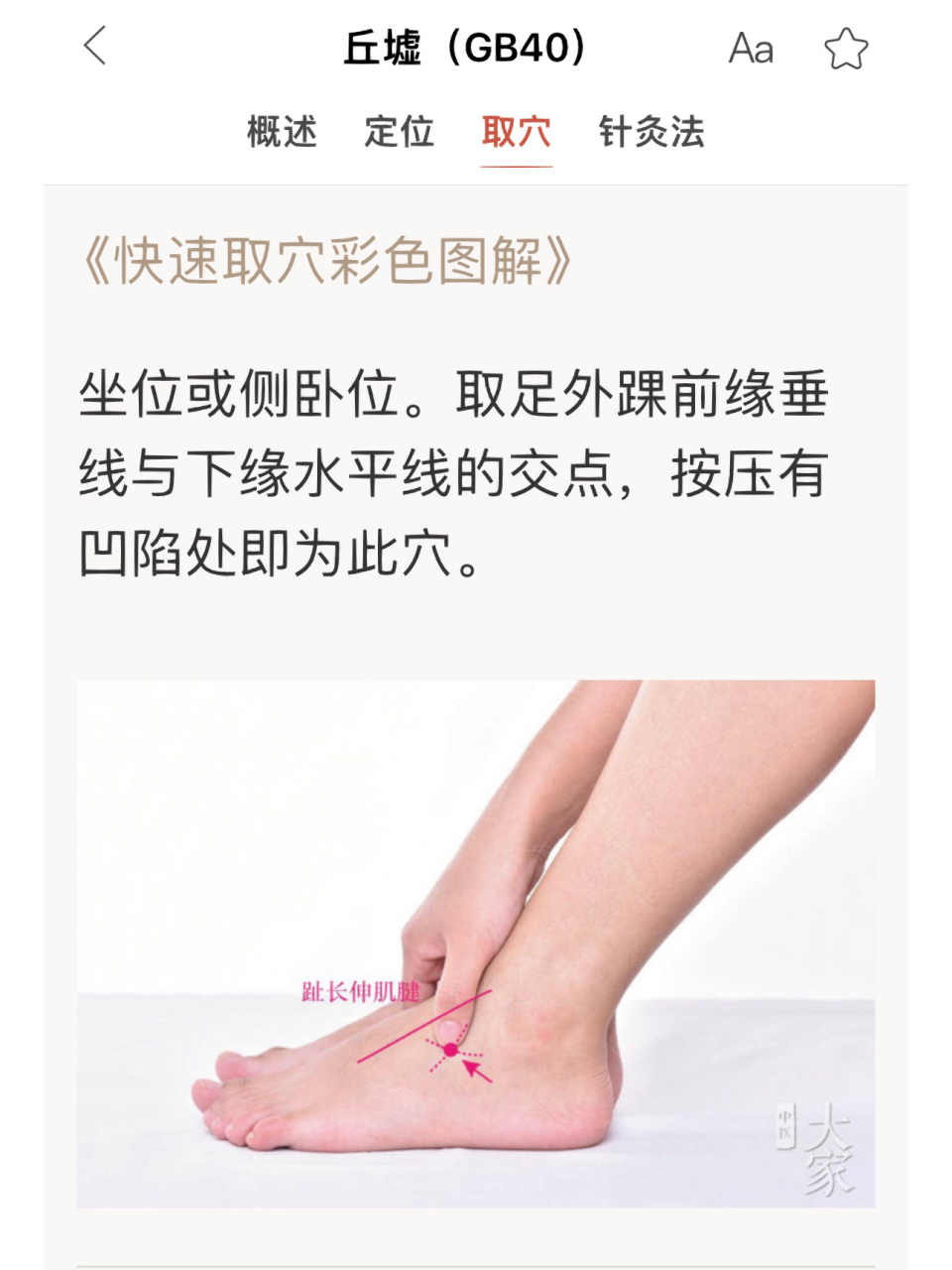 今日穴位分享——【丘墟穴】 丘墟(原穴) 【位置】在足外廉踝下如前陷