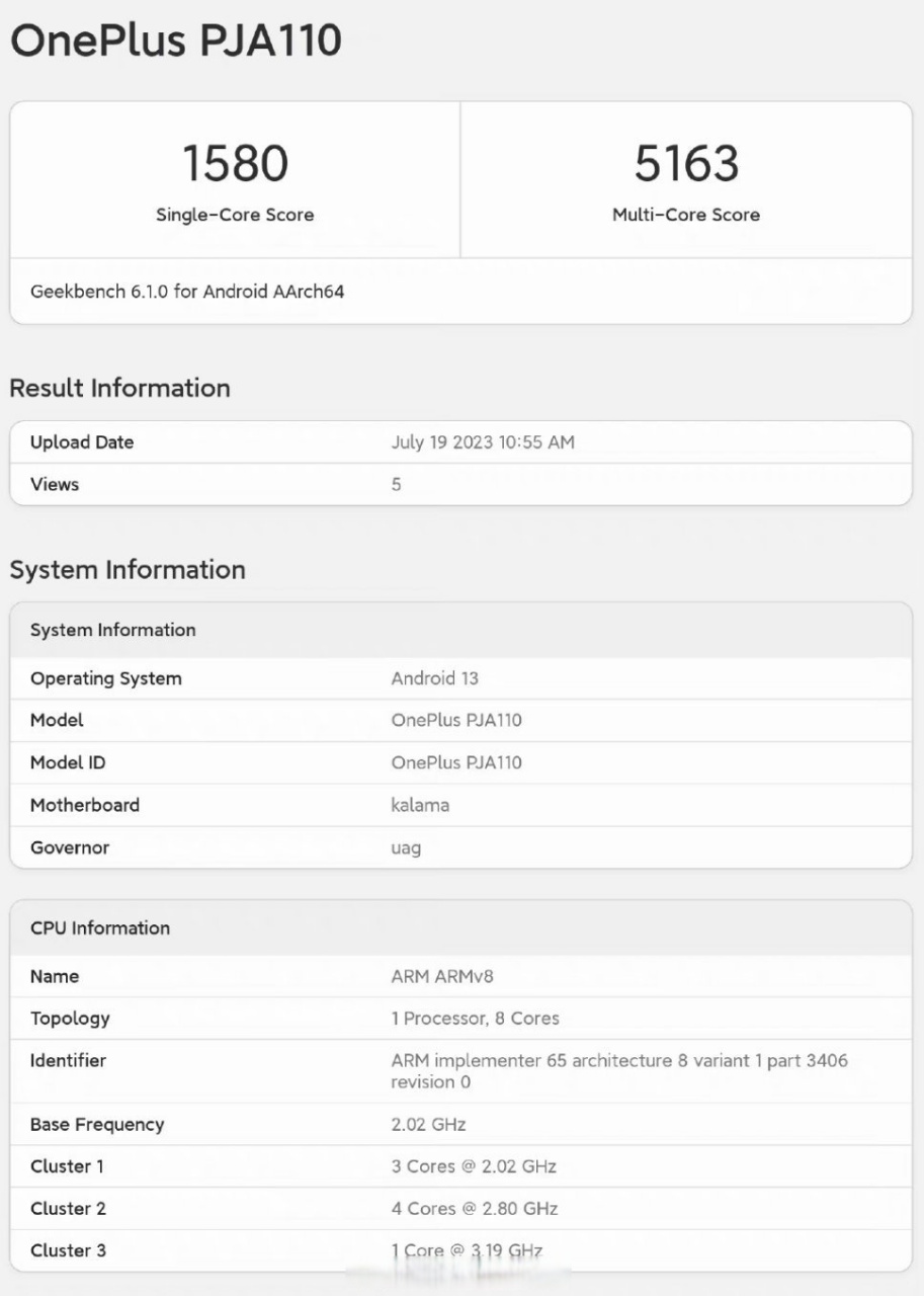 一加ace2pro跑分,还是骁龙8 2处理器,单核心1580,多核心5163分.
