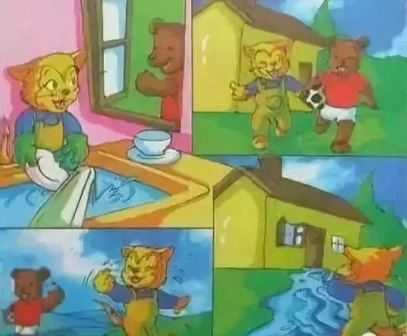 一年级 看图写话范文篇 《运木头》 一天,小猴,小猪和小熊去森林里砍