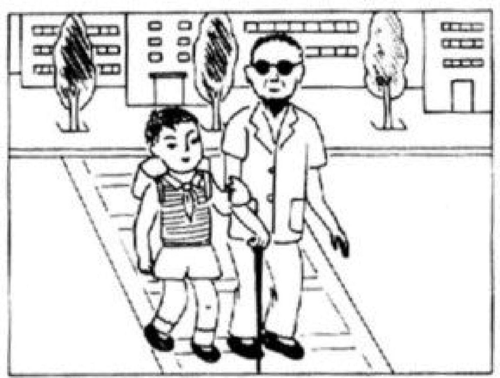 看图写话 扶盲人叔叔过马路 星期一上午,天气晴朗,蓝天飘着朵朵白云.