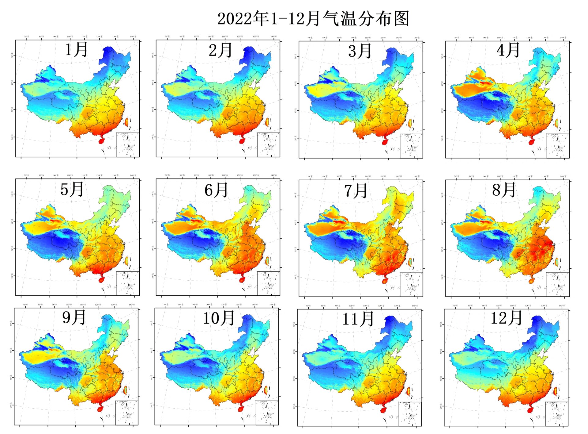 2022年中国年均气温以及月均气温分布图