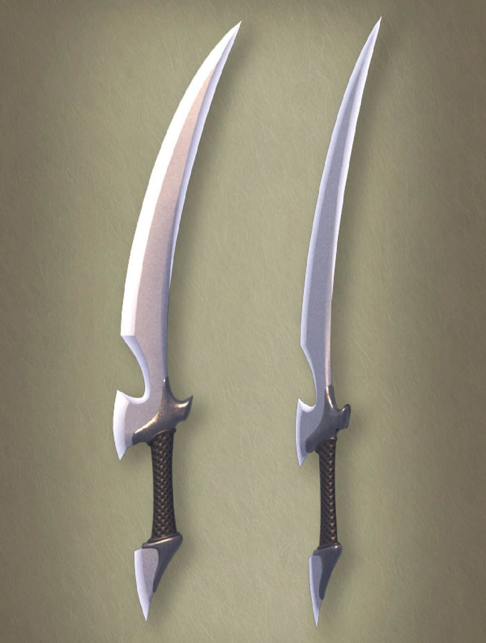 黑把双刃钢刀,可组成一对双刀攻防兼备 每手各一,能壳对方武器,可正反