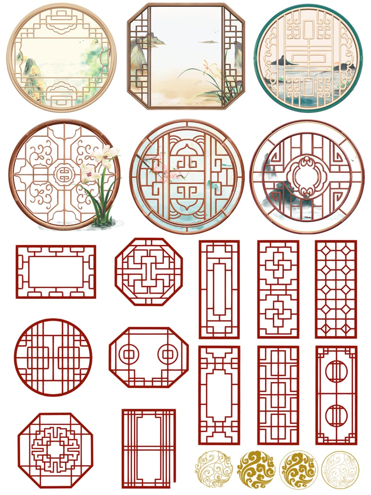 古风国潮窗户花纹装饰免抠png素材合集 古风花纹有吉祥的象征和进财的