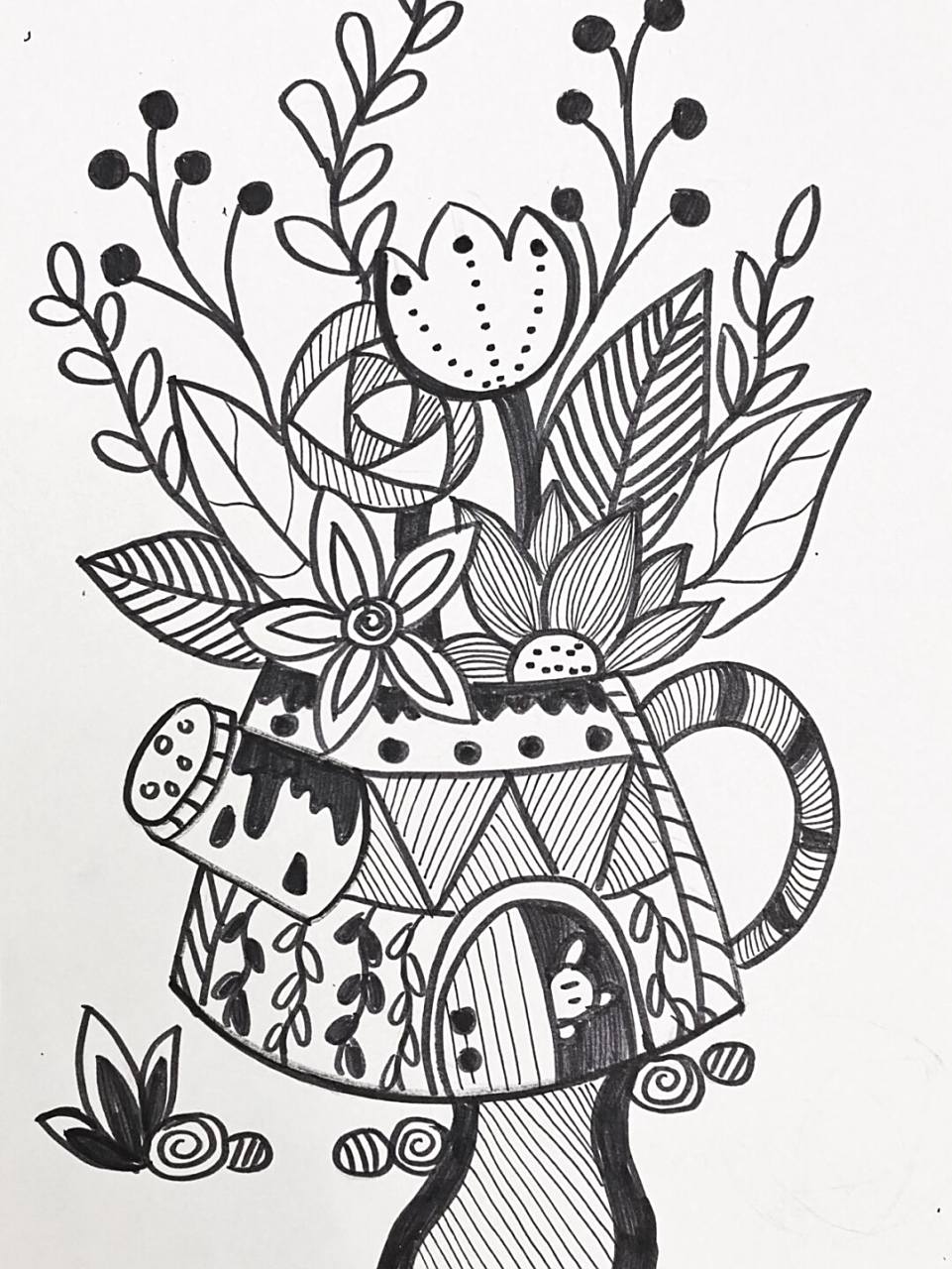 花盆线描 #线描##花卉线描##花盆羡慕##水壶线描##创意线描