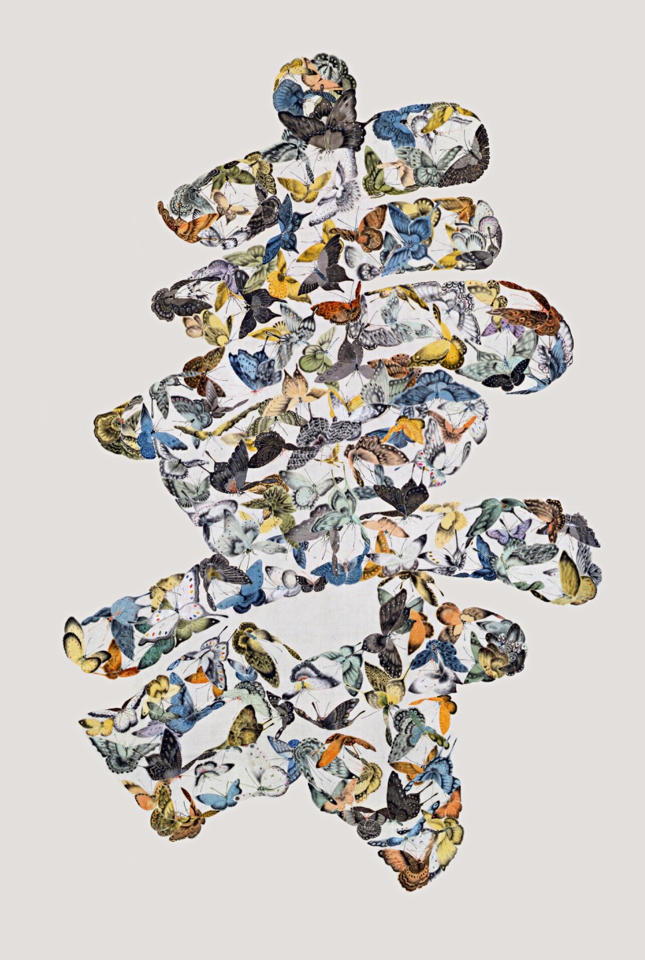 清·百蝶寿字图轴 此图祝寿主题突出,画幅正中以楷体"寿"字,空白处填