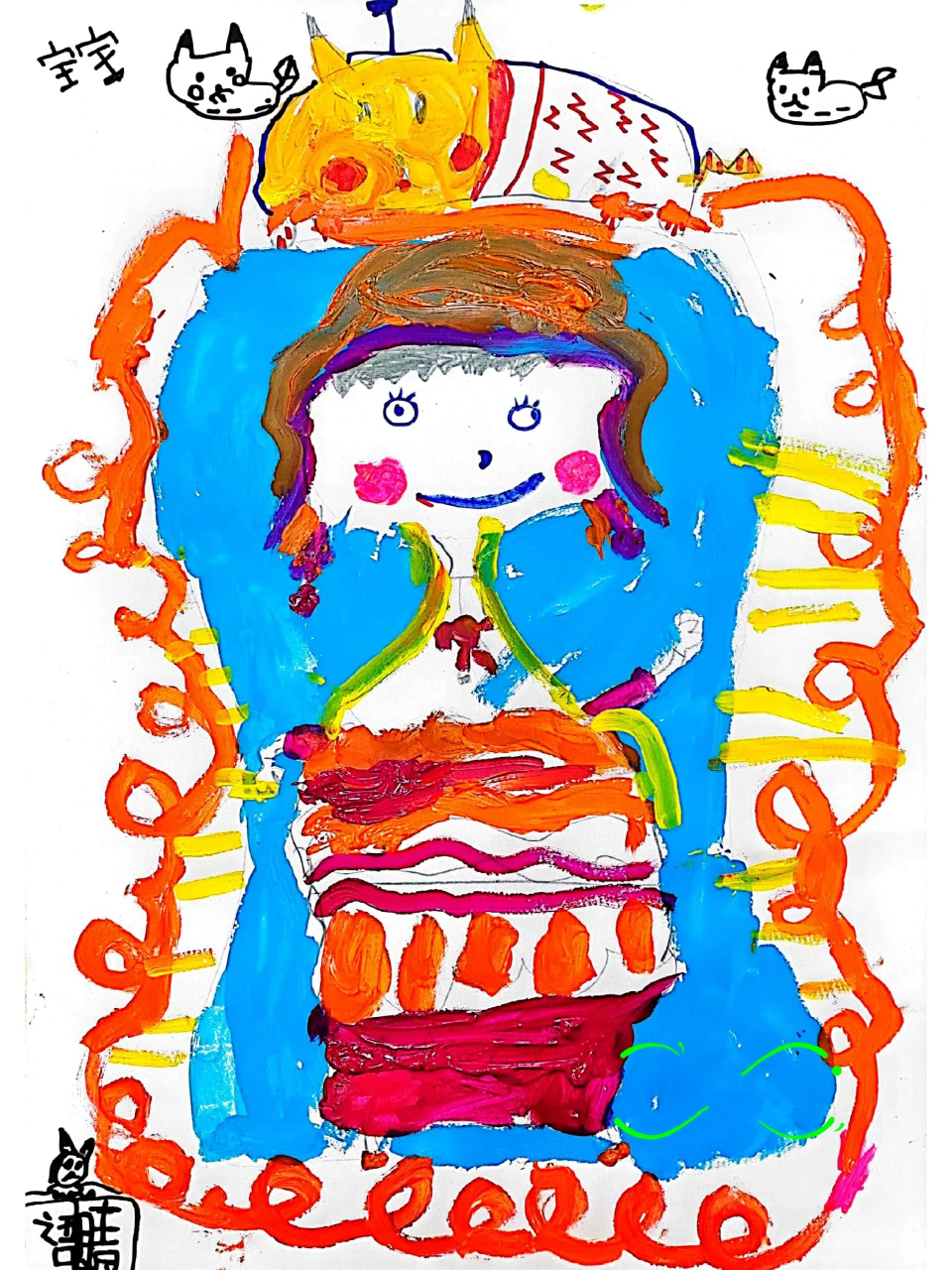 儿童画《好玩的哈哈镜》6岁 1,认识色彩具有冷暖倾向,并知道将冷色与