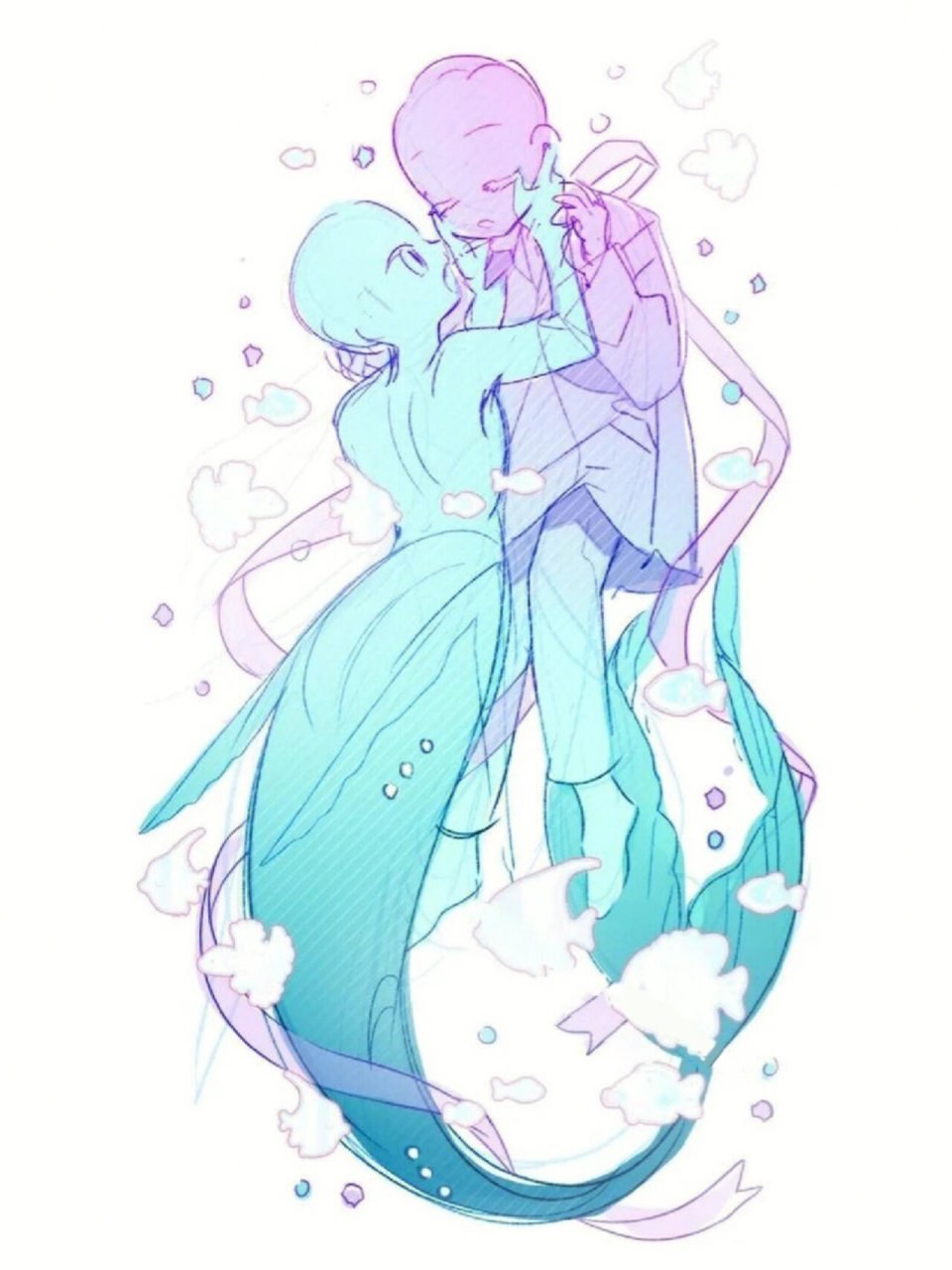 海底美人鱼双人q版线稿模板 超绝绝子的一套双人线稿