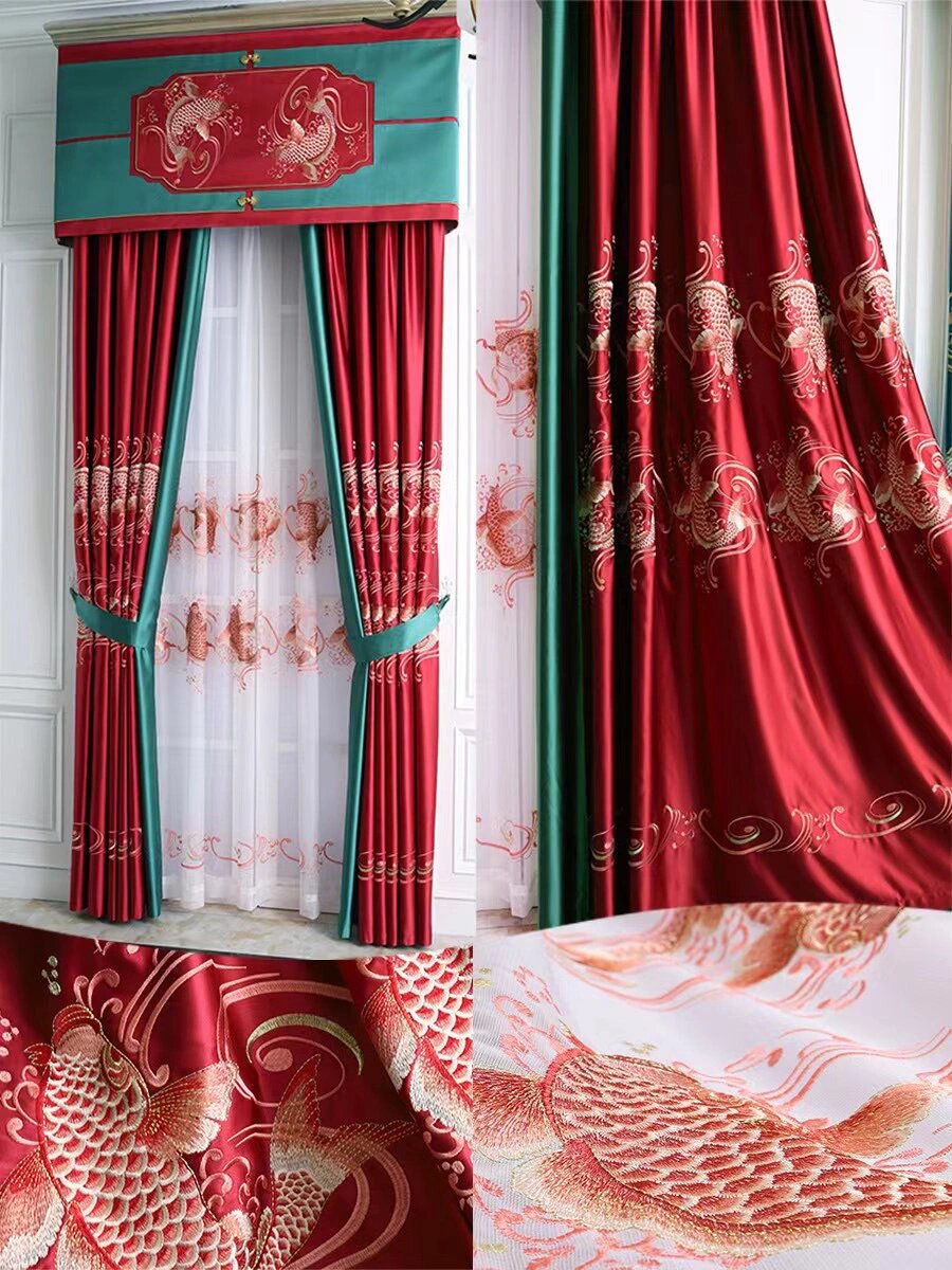 如鱼得水 中式窗帘 源头厂家 绣花窗帘 锦鲤 古典中式 绣花窗帘