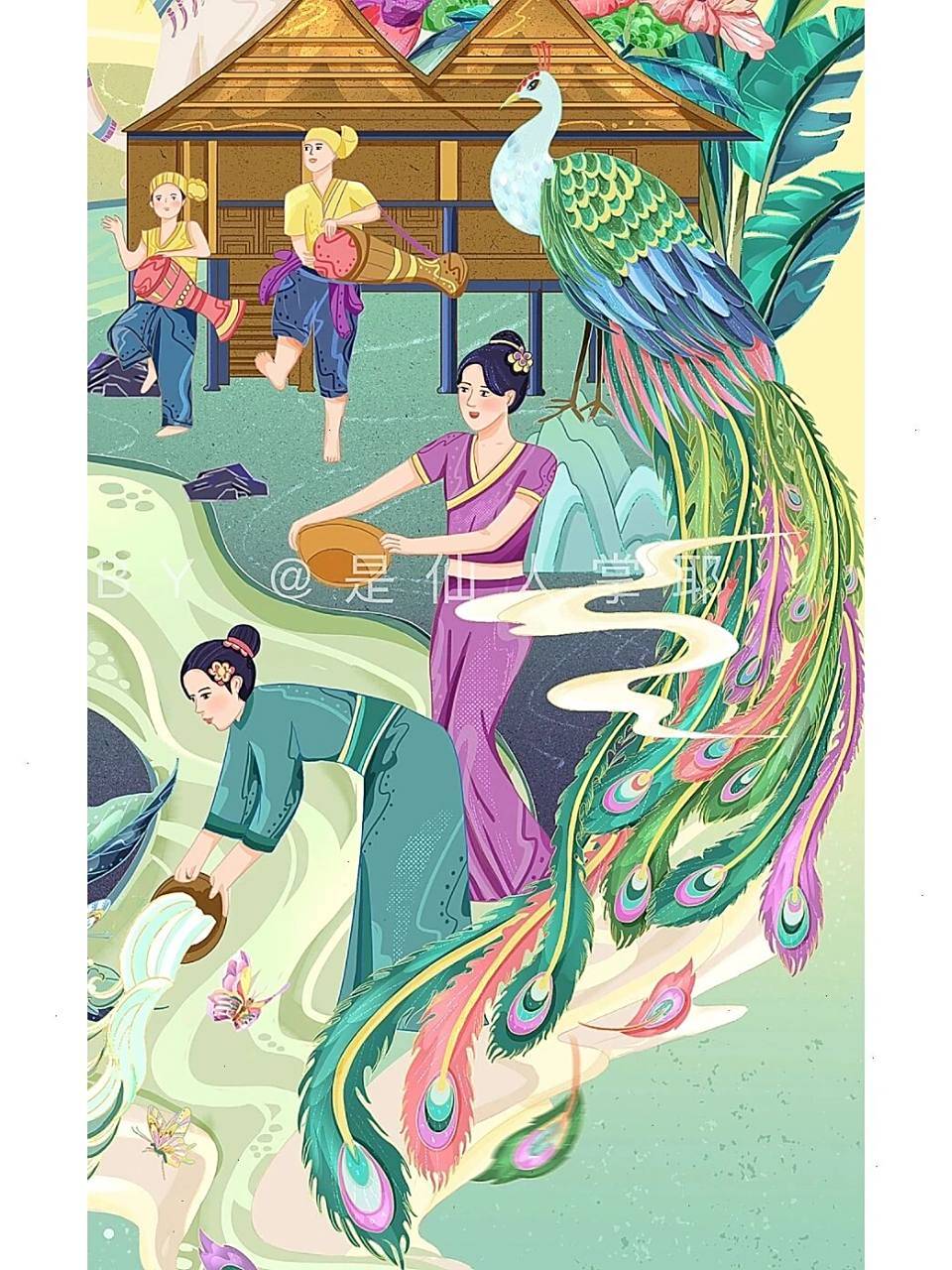 原创国风城市插画|非遗表演|云南孔雀舞 一曲葫芦丝吹出了美丽的傣族