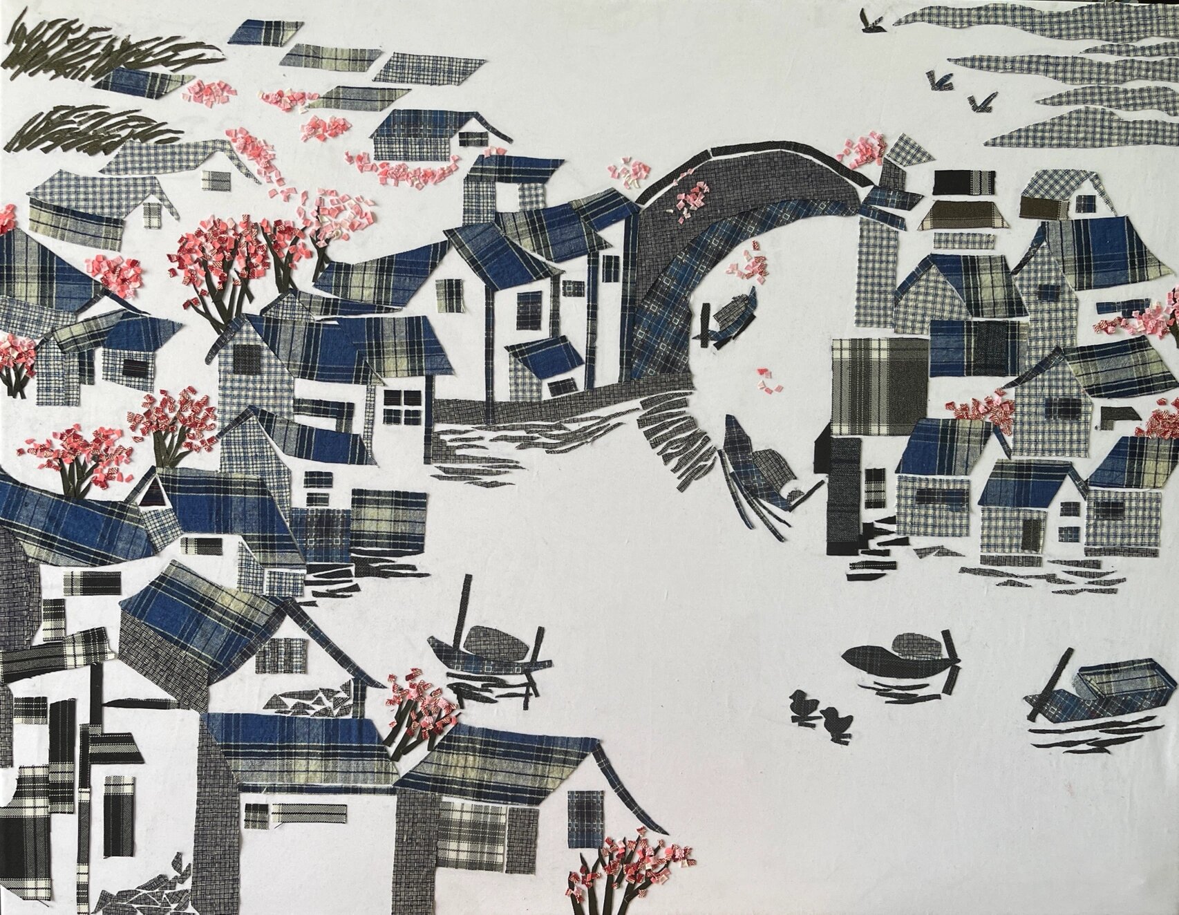 布艺拼贴 江南水乡100x70崇明土布贴画作品