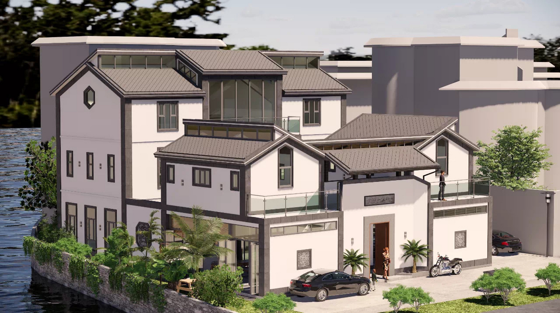 现代中式四合院别墅设计图纸外观效果图