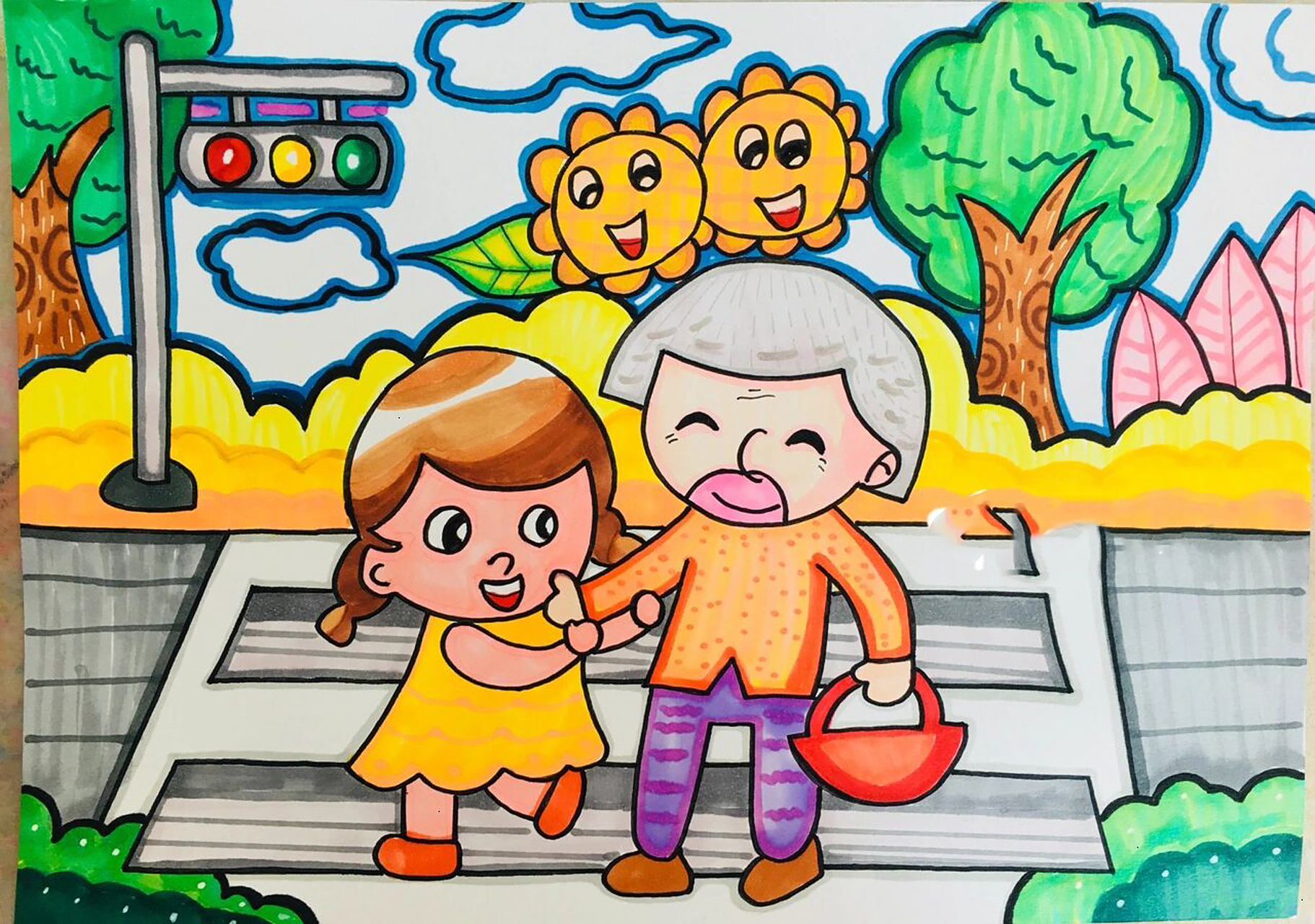 儿童简笔画-81.过马路/尊老爱幼