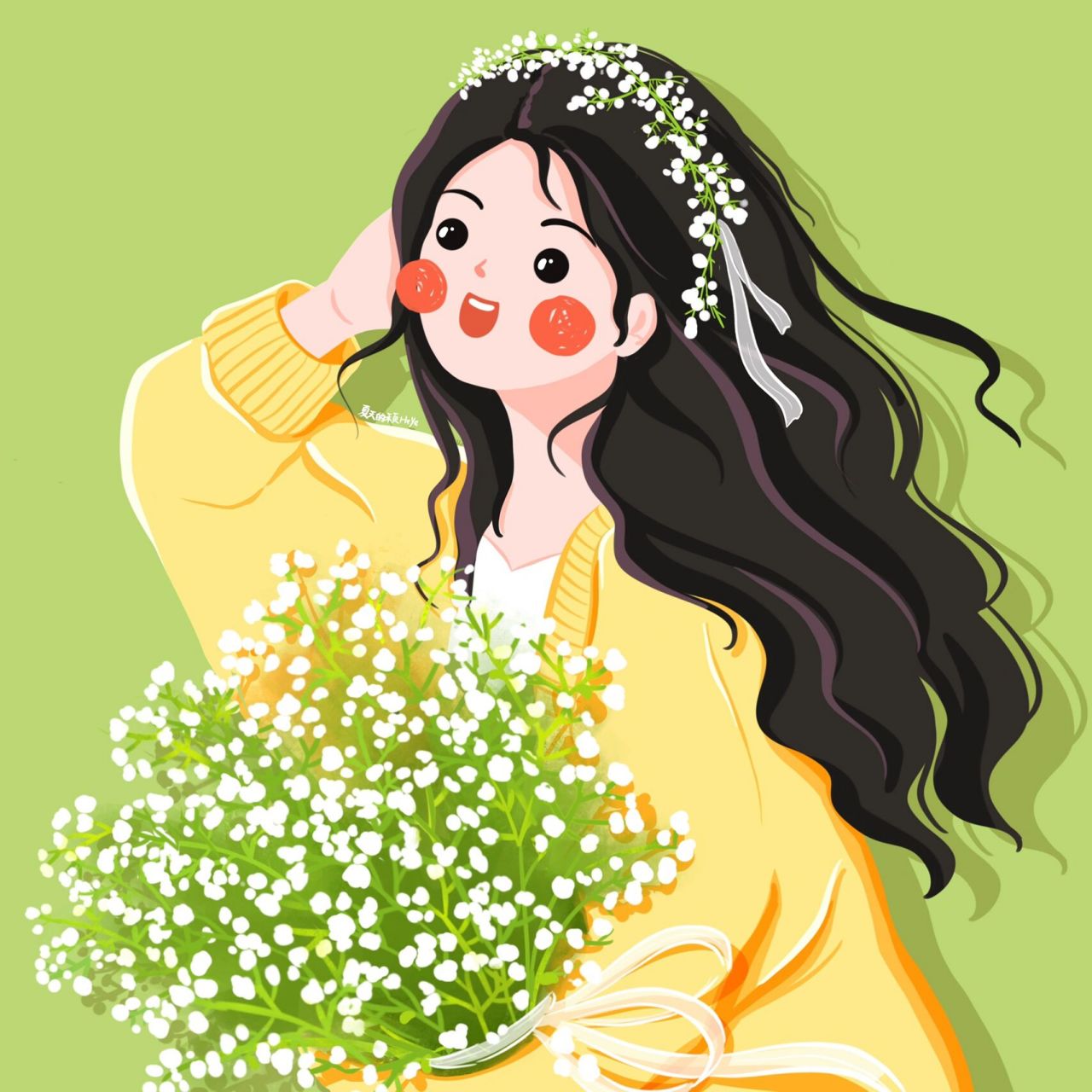 插画头像 | 手捧满天星花的可爱女生 有花花头饰版本,和无花花头饰