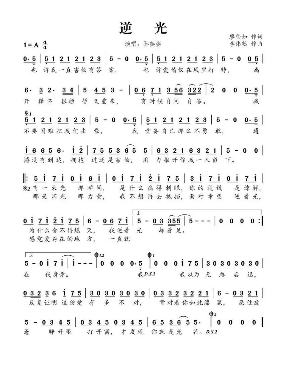 《逆光》简谱 孙燕姿