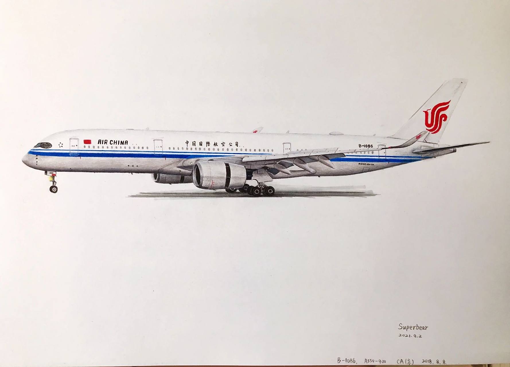 百年中国民航之手绘国航a350-900 国航于2018年8月8日引进这架注册号