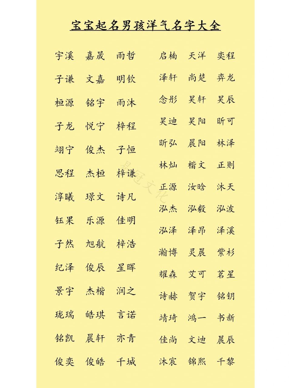 起名男孩洋气名字大全 宇溪	嘉晟	雨哲	启楠	天洋	奕程子谦	文嘉	明钦