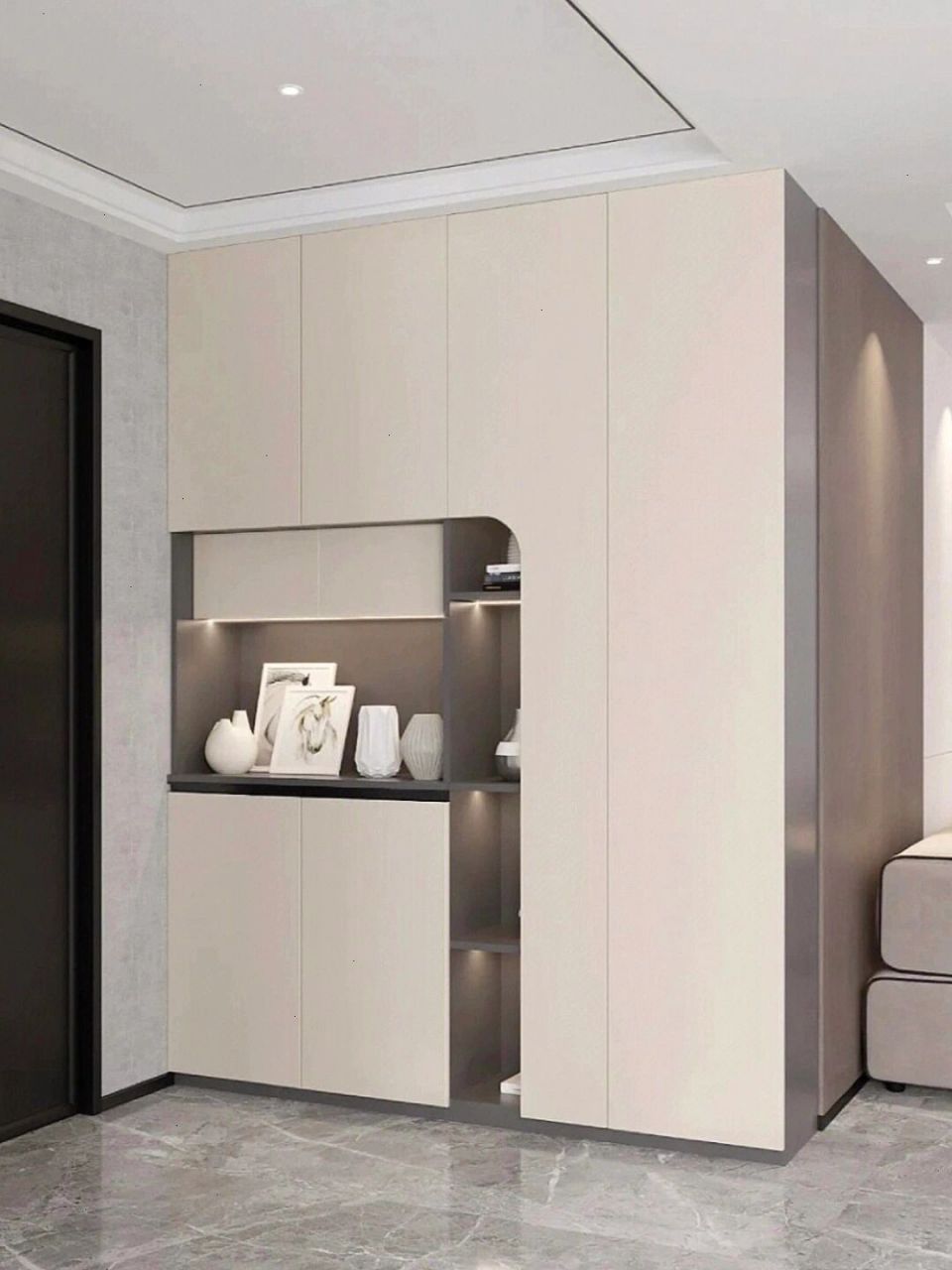 现代极简风入户鞋柜设计|弧形造型大气耐看  作为日常入室的第一眼的