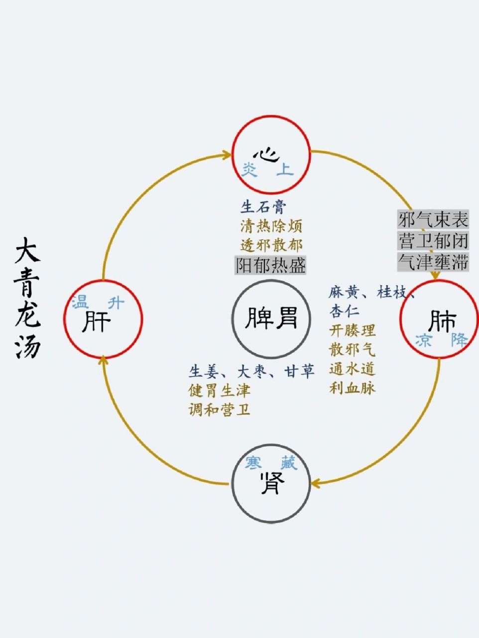 大青龙汤 【病机】邪气束表,火热郁于气分 【主症】恶寒,无汗,口渴,面