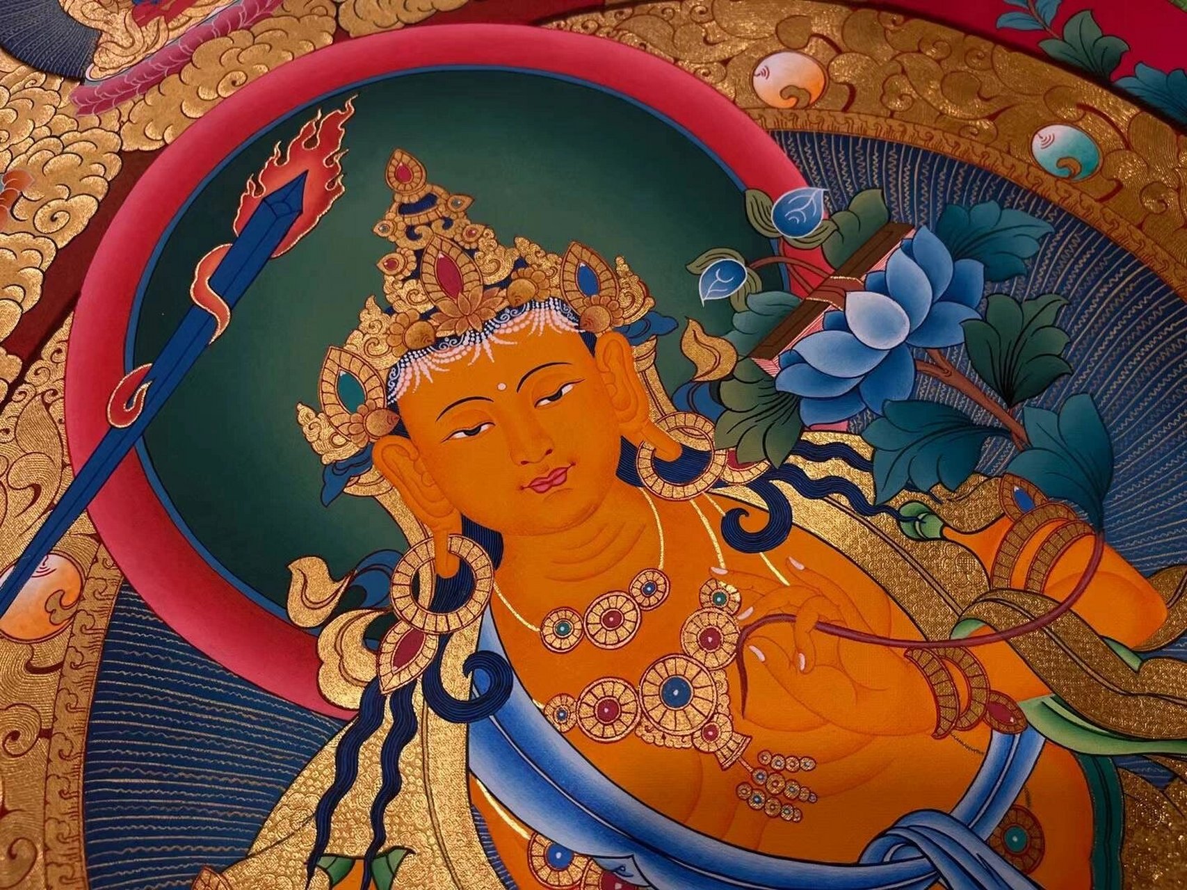 文殊菩萨 尼泊尔手绘唐卡 文殊菩萨 89×63cm 大面积使用纯金 天衣