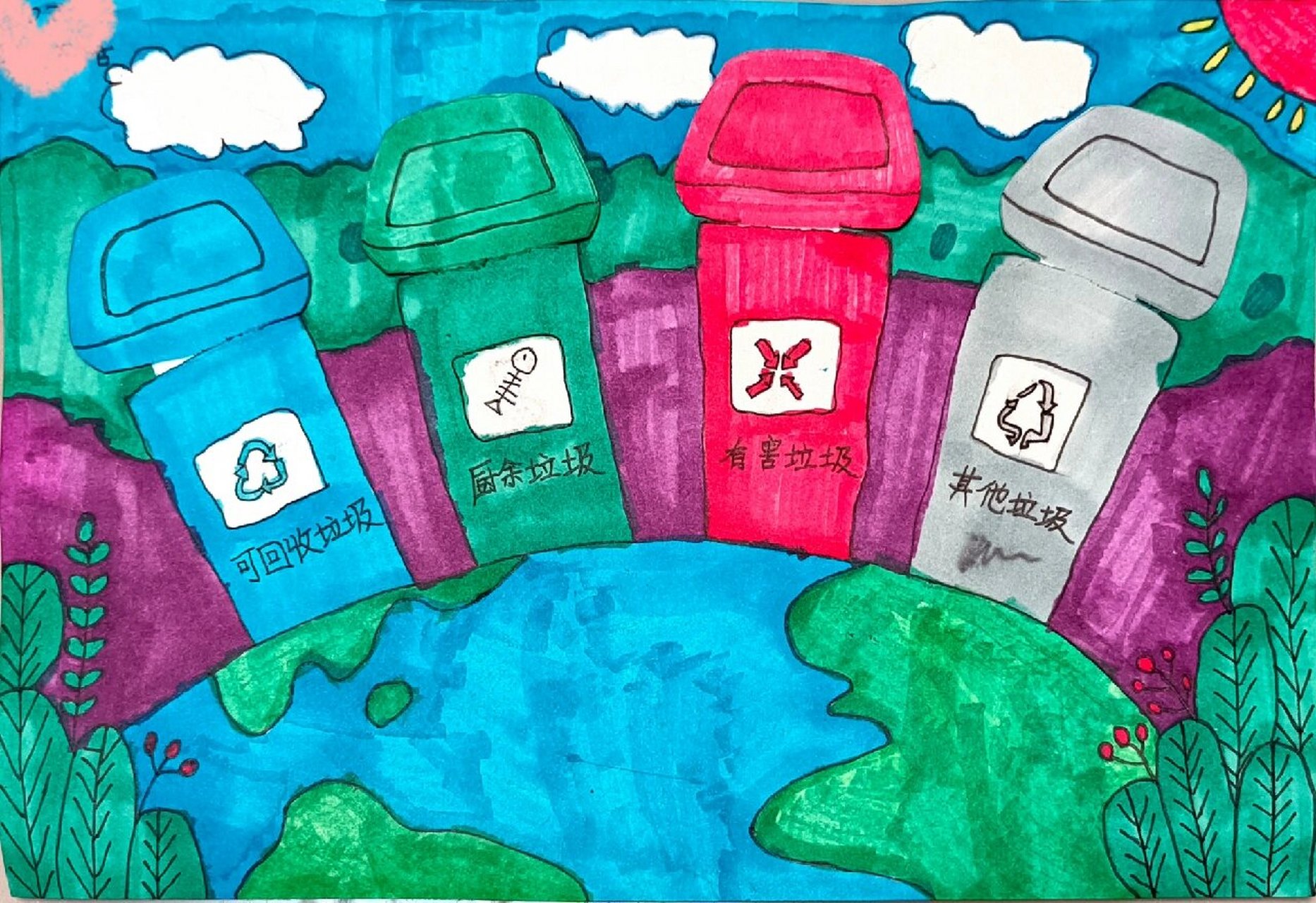 画画的快乐#三年级#垃圾分类主题画 画出带盖可拉升的垃圾桶