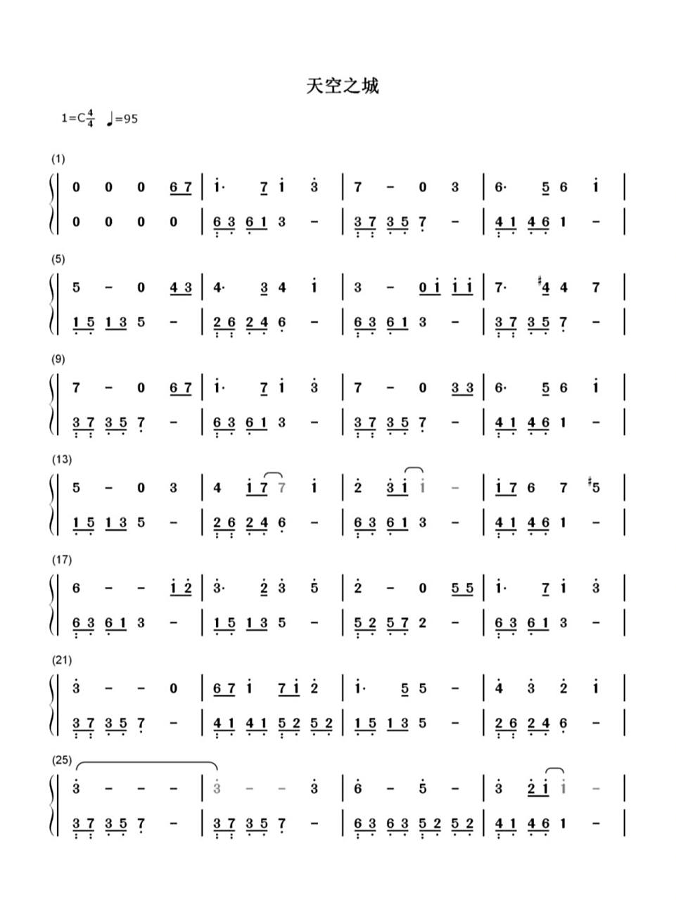 天空之城|初学者好听极简版双手简谱宫崎骏 虽然《天空之城》的谱子