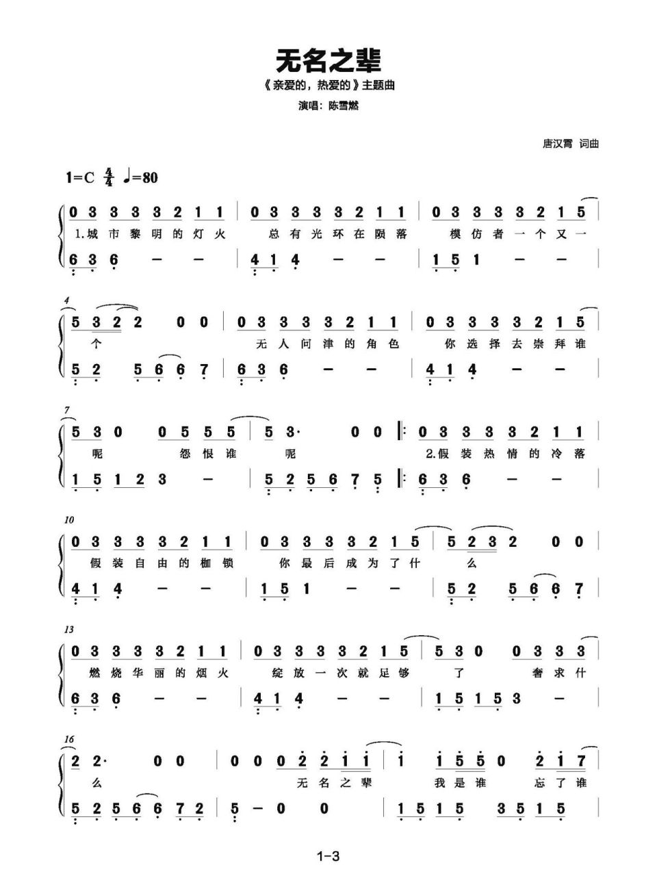 《无名之辈》《亲爱的,热爱的》钢琴谱简谱93 喜欢什么曲子,评论区