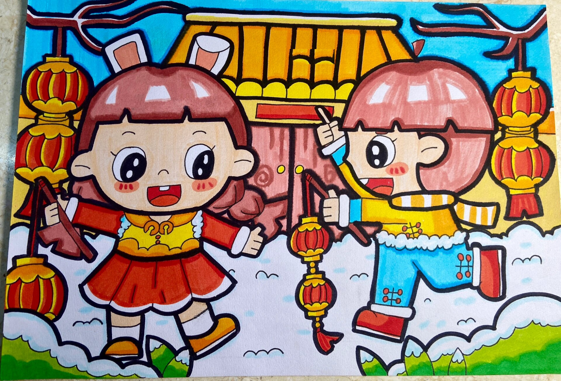 过新年/春节/冬天/下雪天简笔画  一样的人物形象背景换了就可以变换