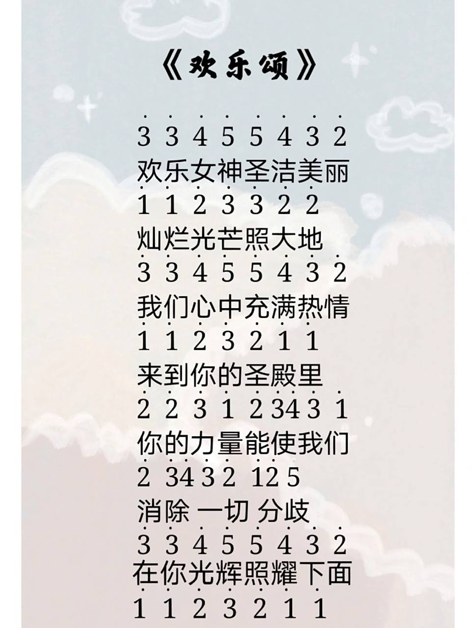 《欢乐颂》94拇指琴 琴谱 经典名曲《欢乐颂》97 最后一行是"人民