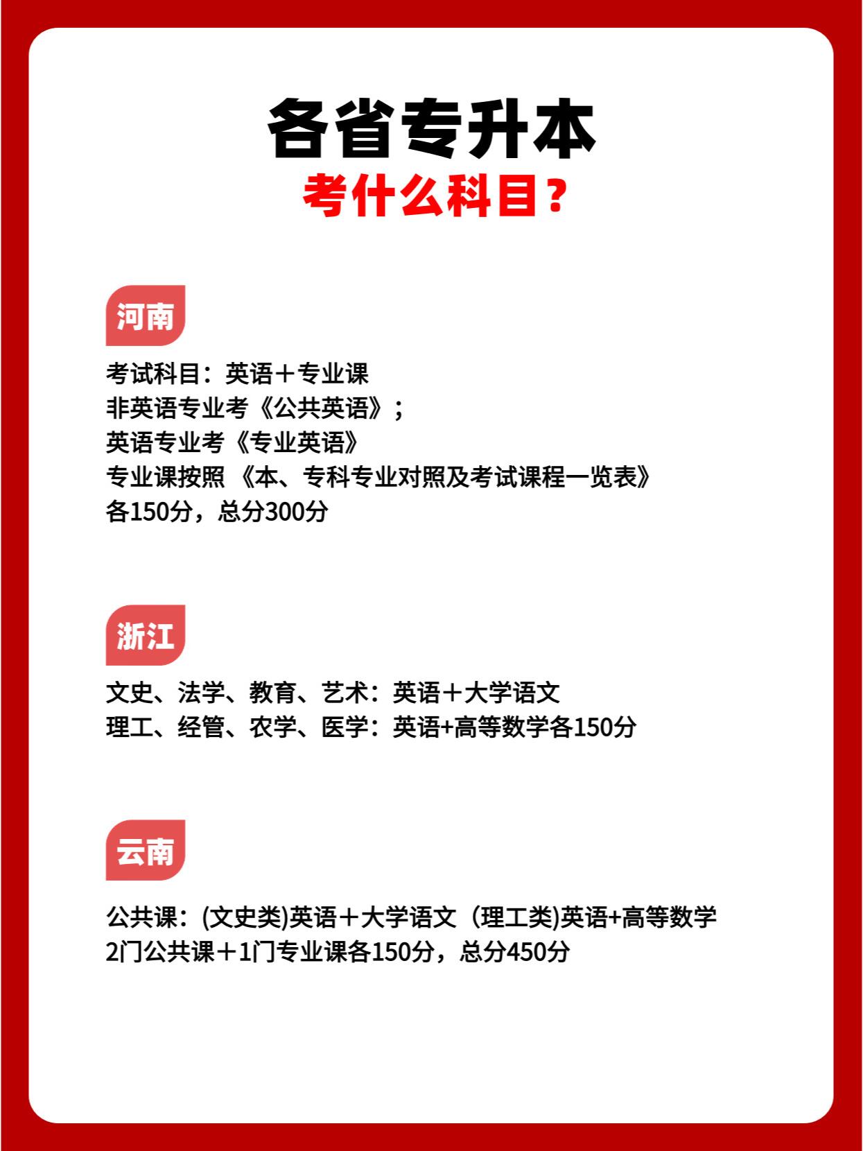 各省专升本考什么科目之大合集 大家可以看到,大部分的省份专升本考试