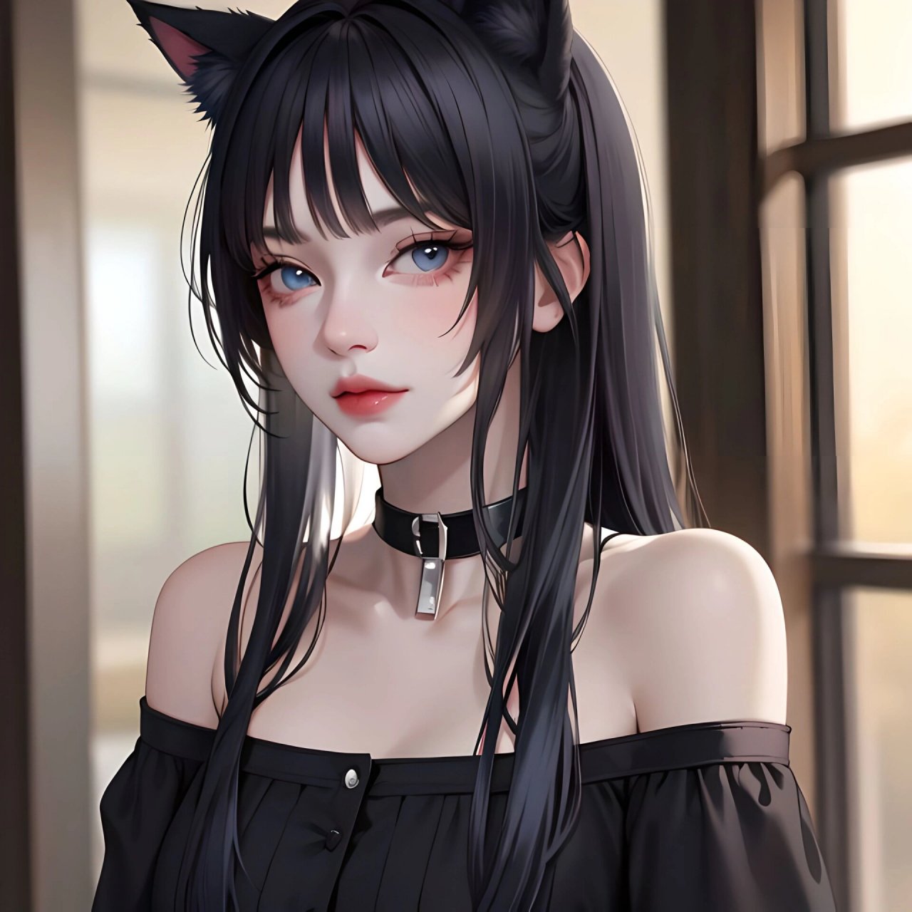 【项圈黑猫少女头像】 #ai# #ai绘画# #少女头像# #现代风# #真人风