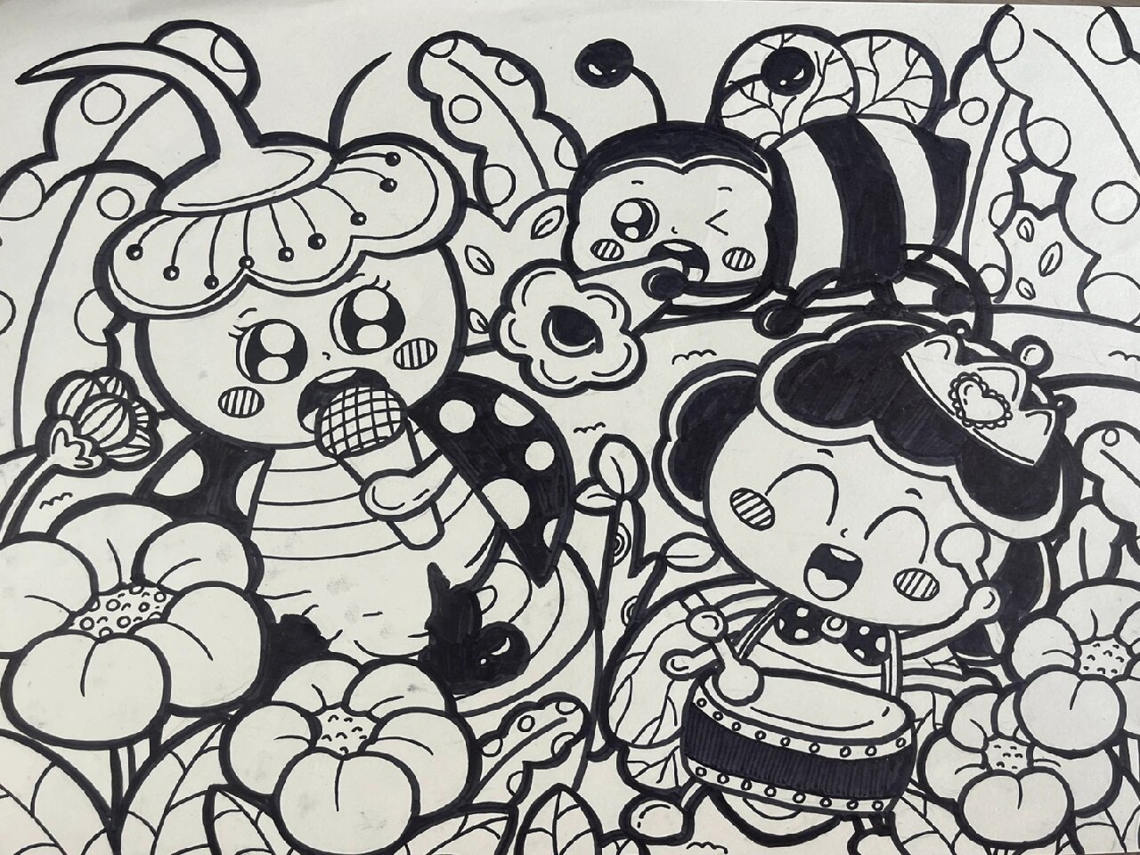 简笔画《昆虫音乐会》69/100 树桩哪里可以画再清楚一点,后景统一为