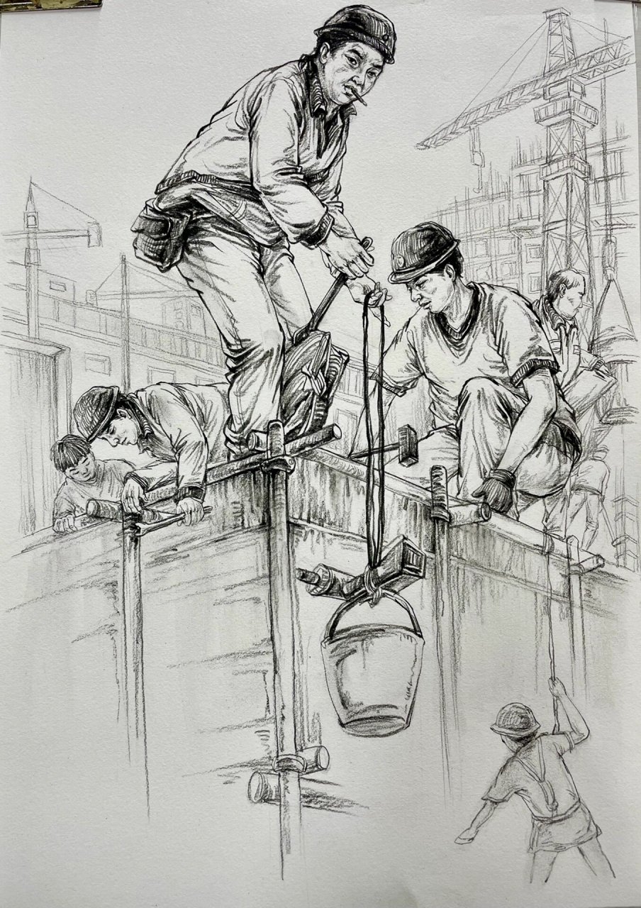 速写场景  工地一角 每个职业都不容易