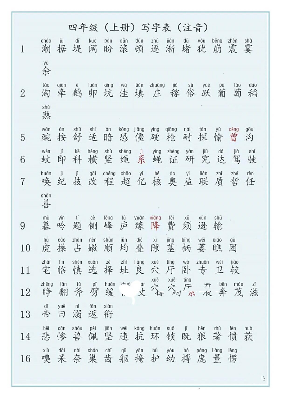 四年级(上册)写字表(注音) 四年级上册写字表注音
