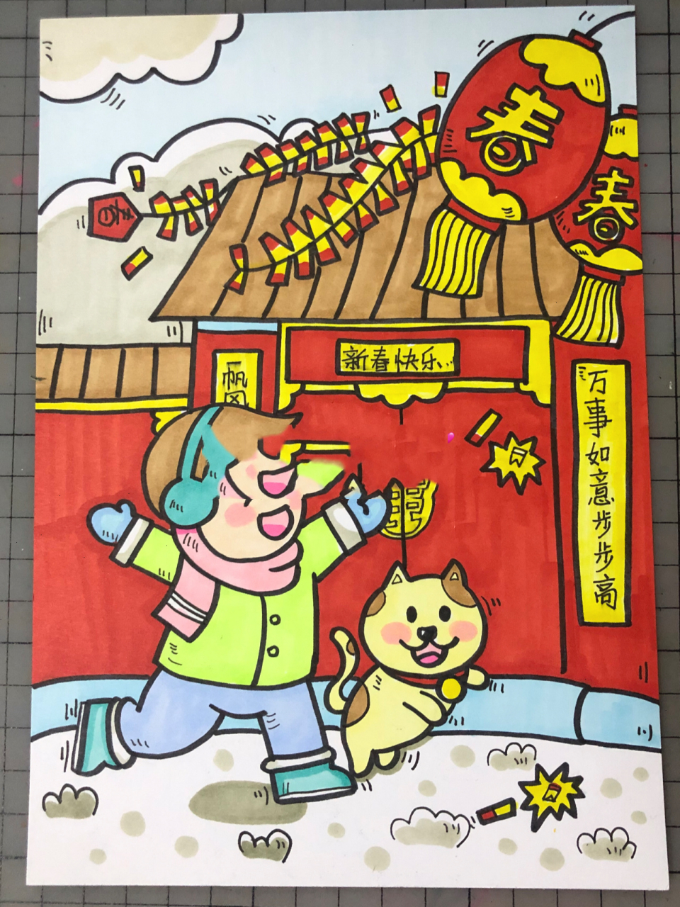 新年春节主题儿童画|步骤图 临摹作品 工具 马克笔绘画96 白卡纸