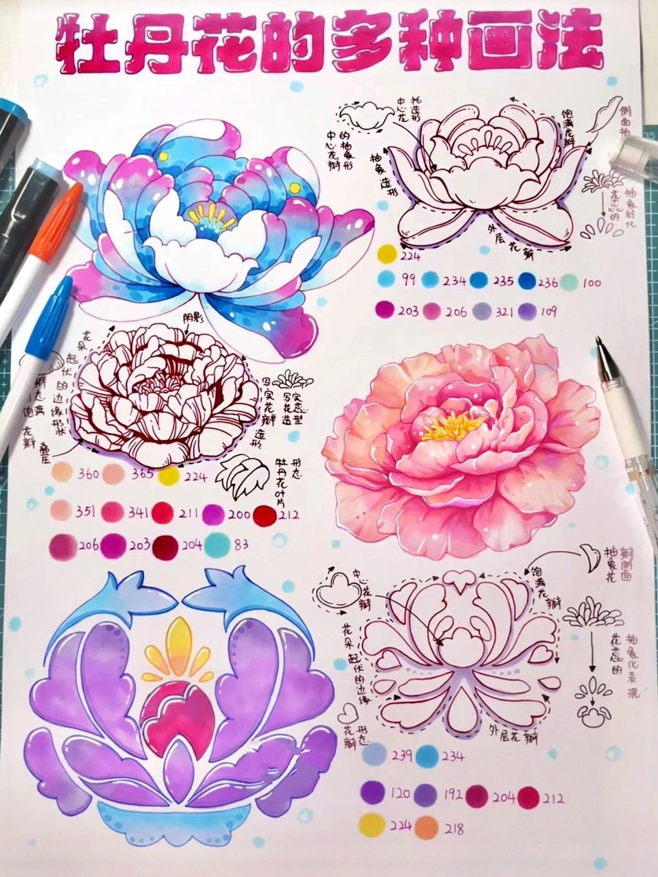 马克笔手绘|一张图get73牡丹花的多种画法 多种形式的牡丹花怎么画