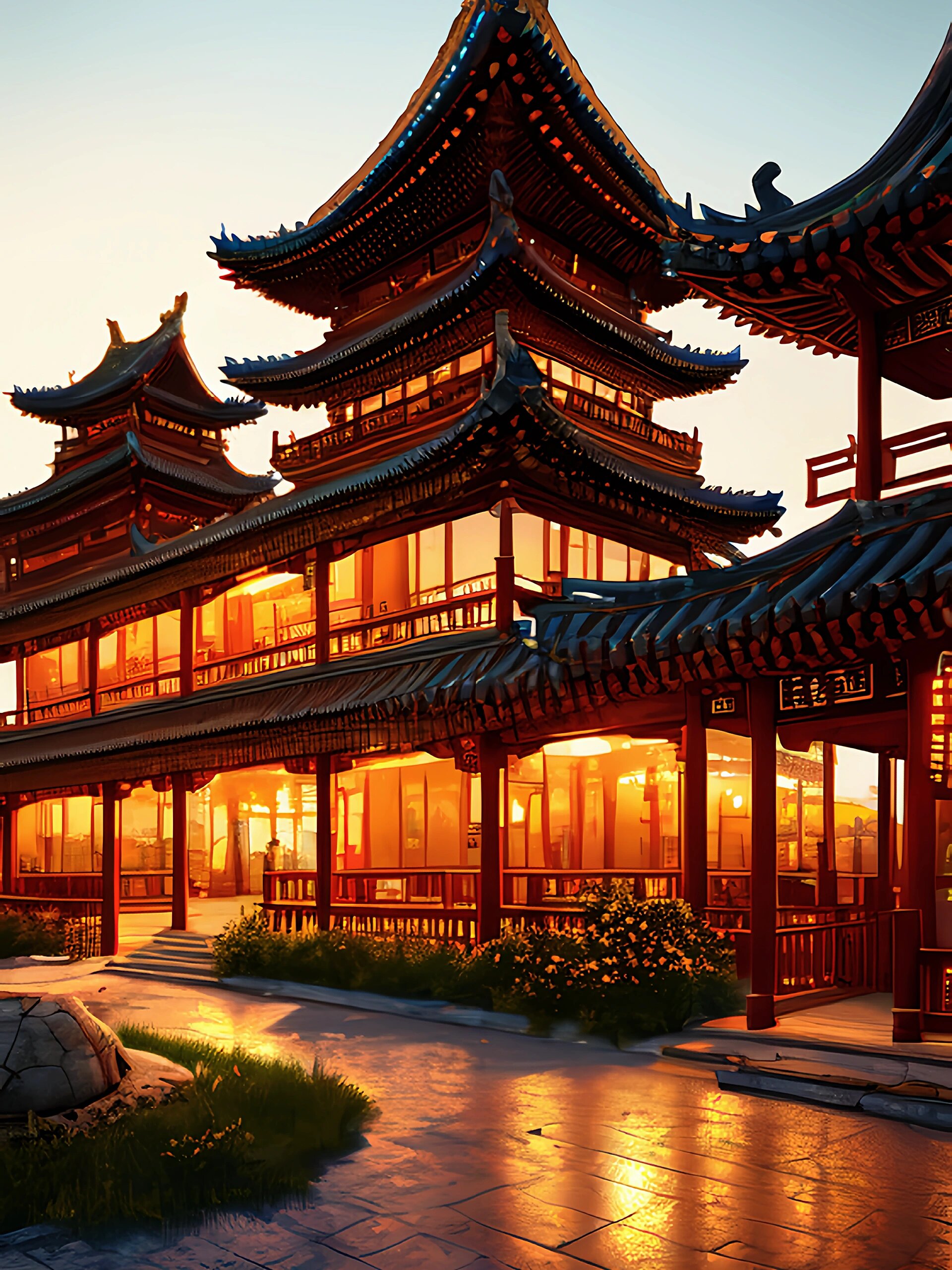 古风插画16山水阁楼夕阳傍晚下的灯光