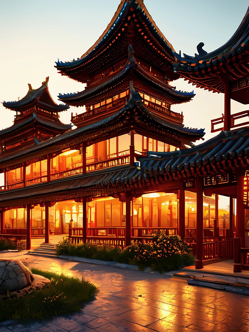 古风插画16山水阁楼夕阳傍晚下的灯光