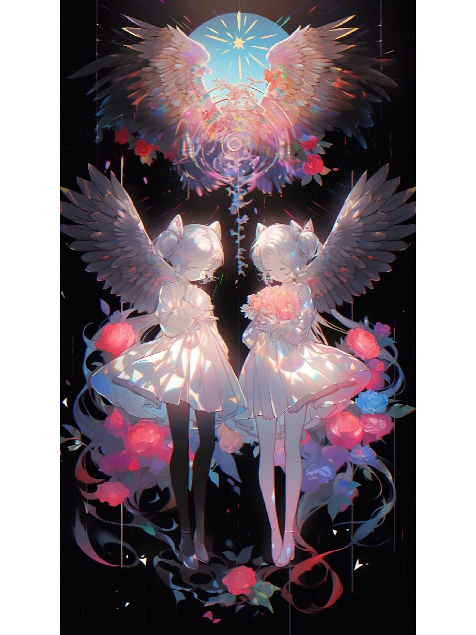 双人女生全身图 设定: 恶魔,天使,双人互动 元素: 玫瑰 光: 镭射