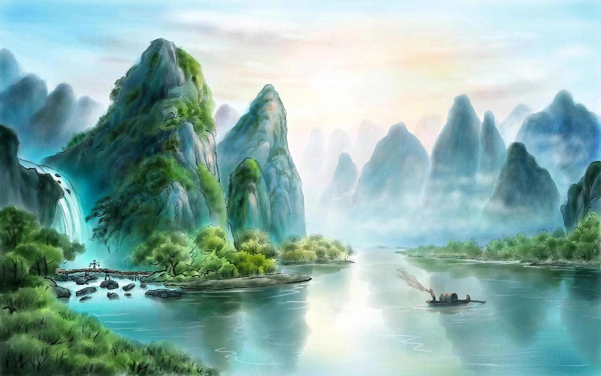 忆江南插画分享一 江南好,风景旧曾谙,日出江花红胜火,春来江水绿如蓝