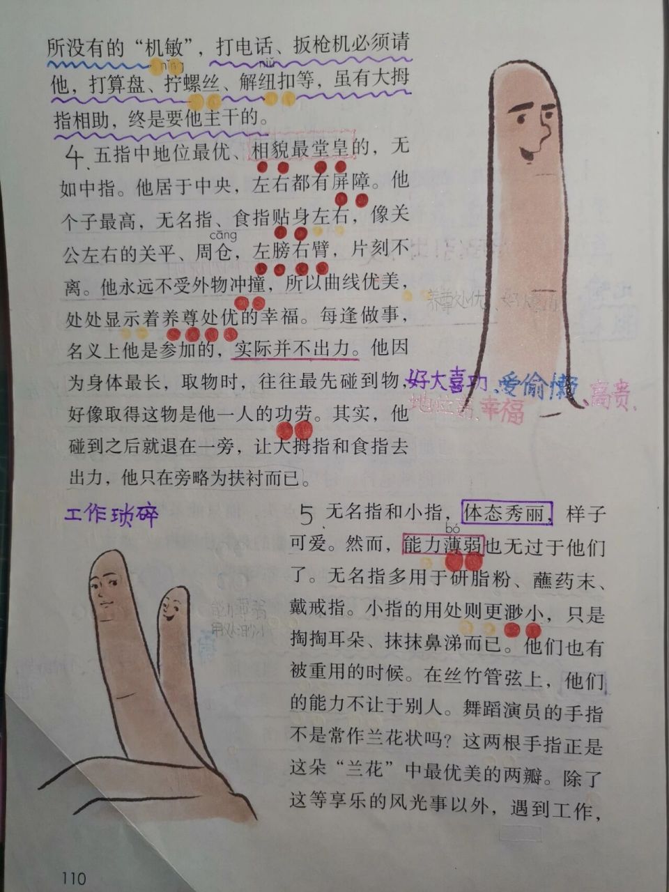 五年级下册《手指》预习笔记