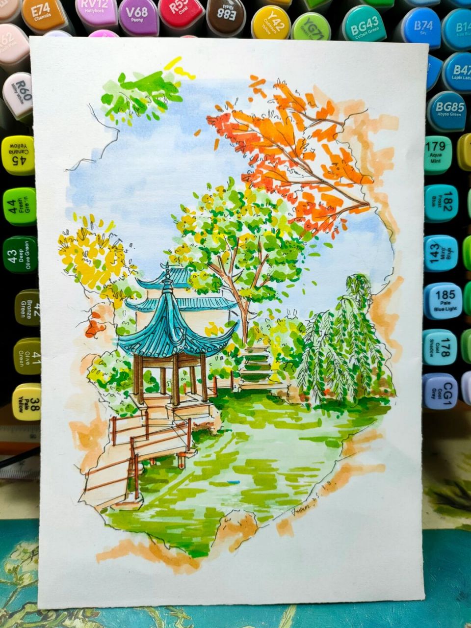 苏州园林手绘马克笔图片