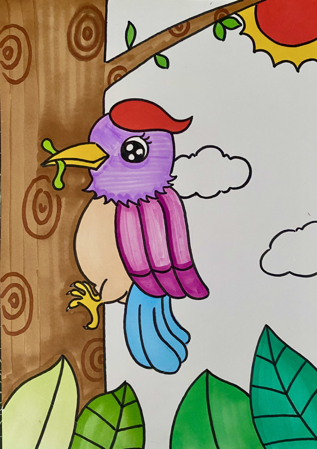 啄木鸟儿童创意画 小鸟 带线稿