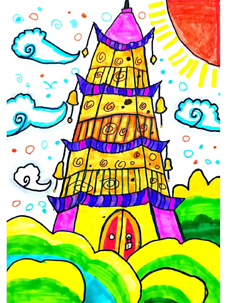 第18幅 马克笔儿童画《古塔》7-9  《古塔》 97简单了解古塔,通过